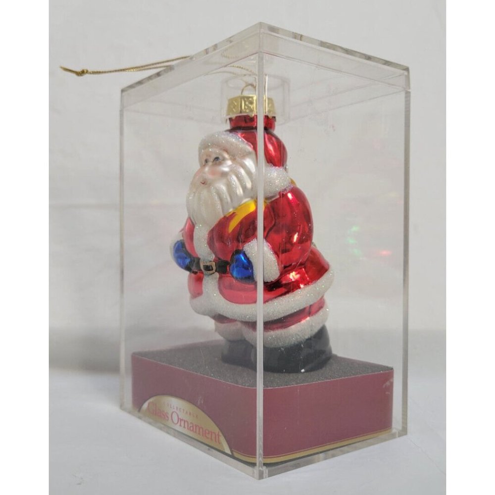 Vintage Glittery SANTA CLAUS Glass Christmas Ornament 4" in Acrylic Case - Picture 2 of 10
